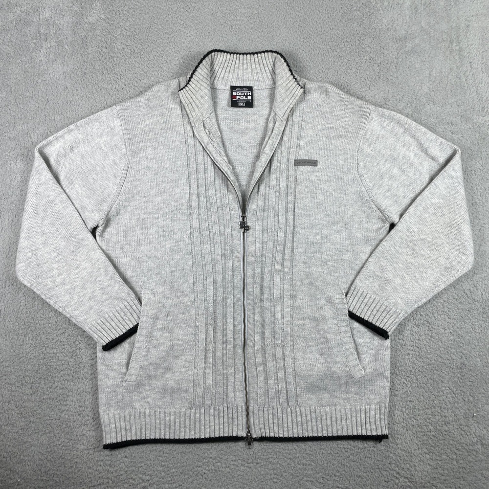 Southpole Full Zip Cardigan Sweater Mens XXL Gray Mock Neck‎ Ribbed Knit Pocket